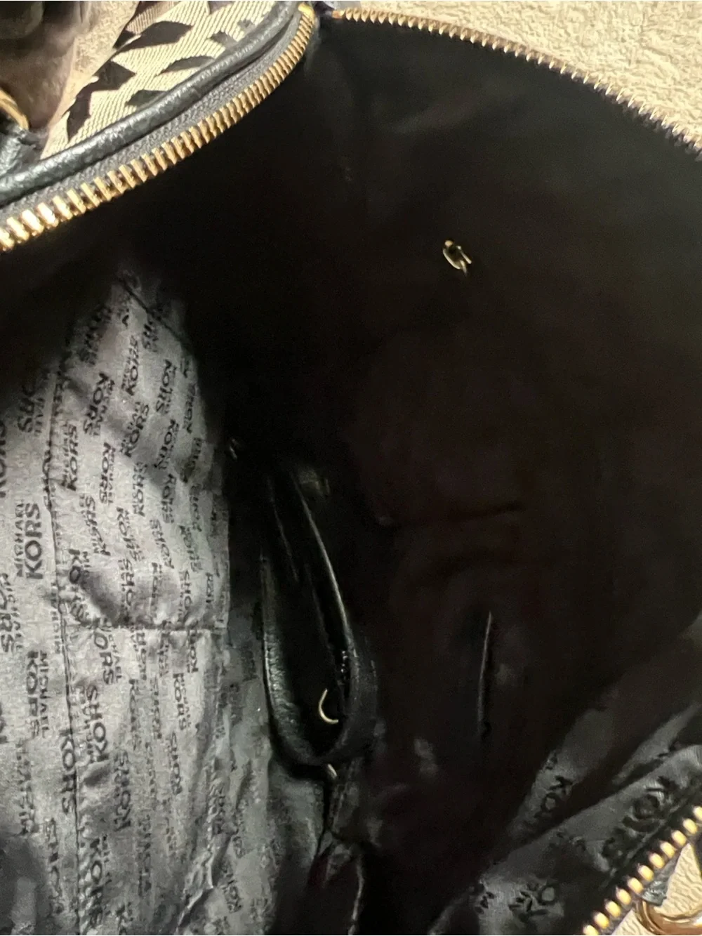 Michael Kors Calista Tan and Black MK Logo Satchel with Gold Hardware
